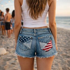 Denim American Flag Patch Women’s Shorts